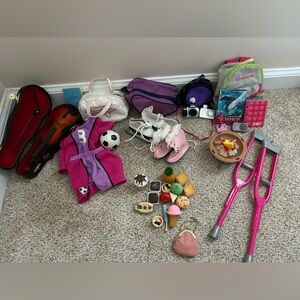 American girl Doll Accessories Set with Pink Crutches and Purple Bags